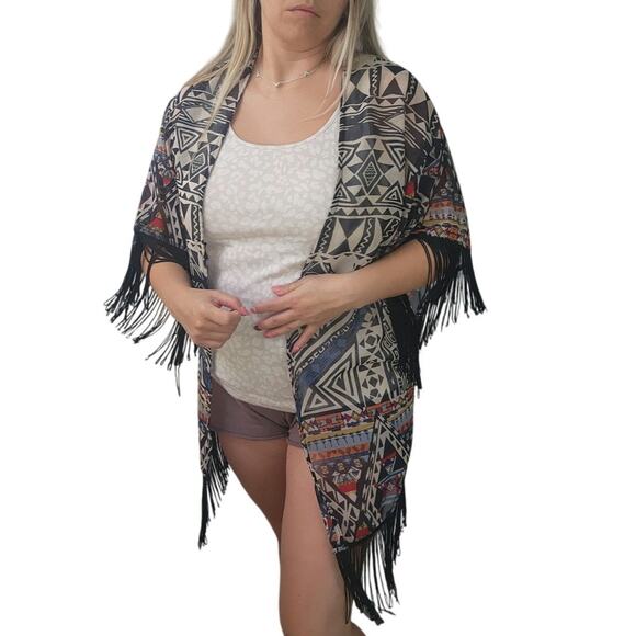 Angie kimono duster aztec western fringe multi S boho beach coverup  festival - Picture 3 of 11